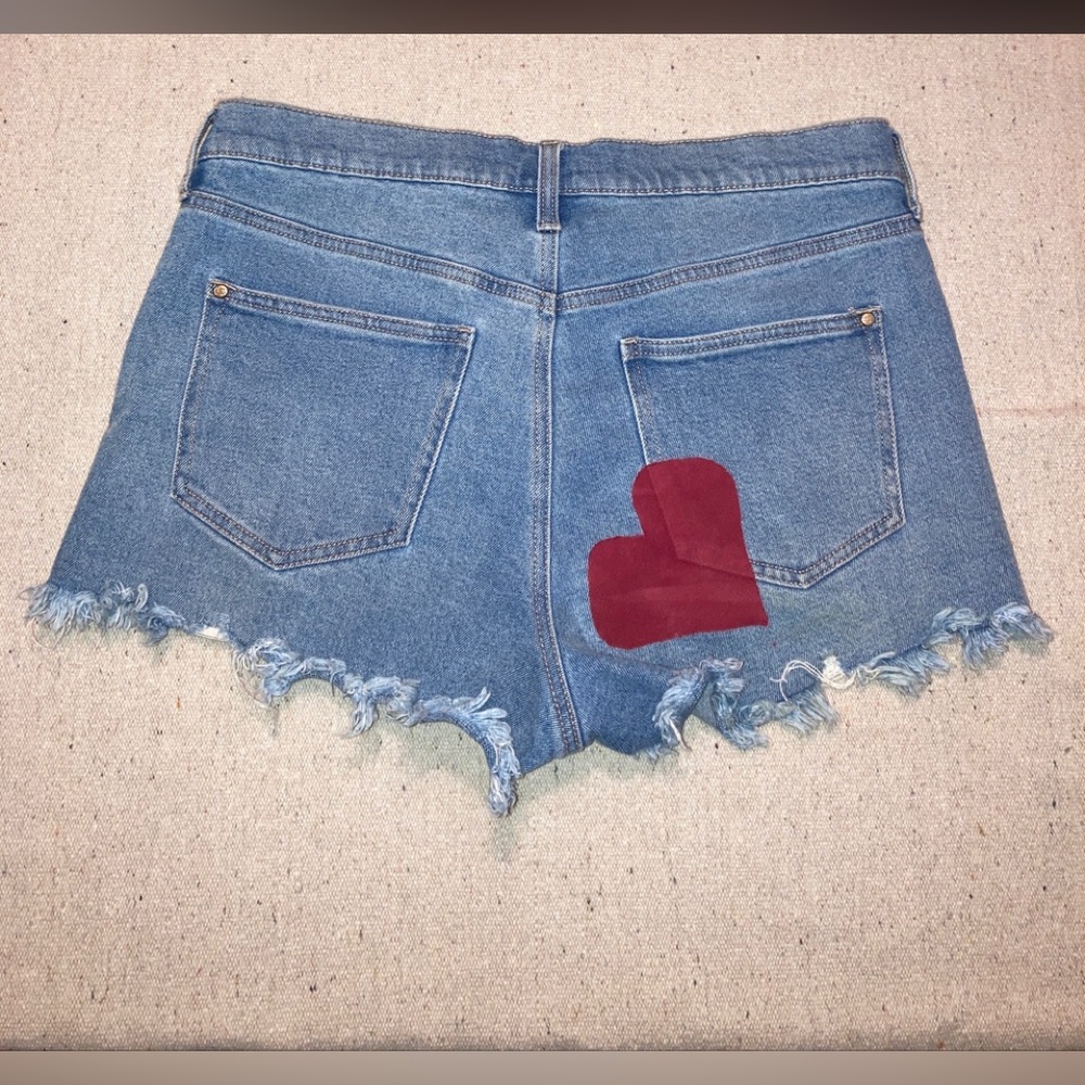 Reworked Denim Cutoff Shorts Upcycled Red Heart Patch Valentine’s Day Women’s 13